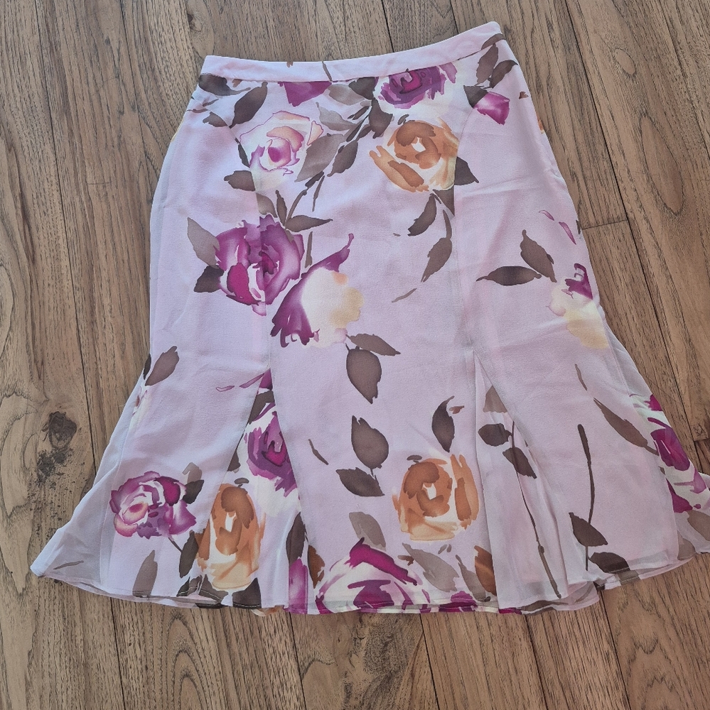 Banana Republic SILK Floral Midi Skirt in Light Pink with Purple & Orange Roses